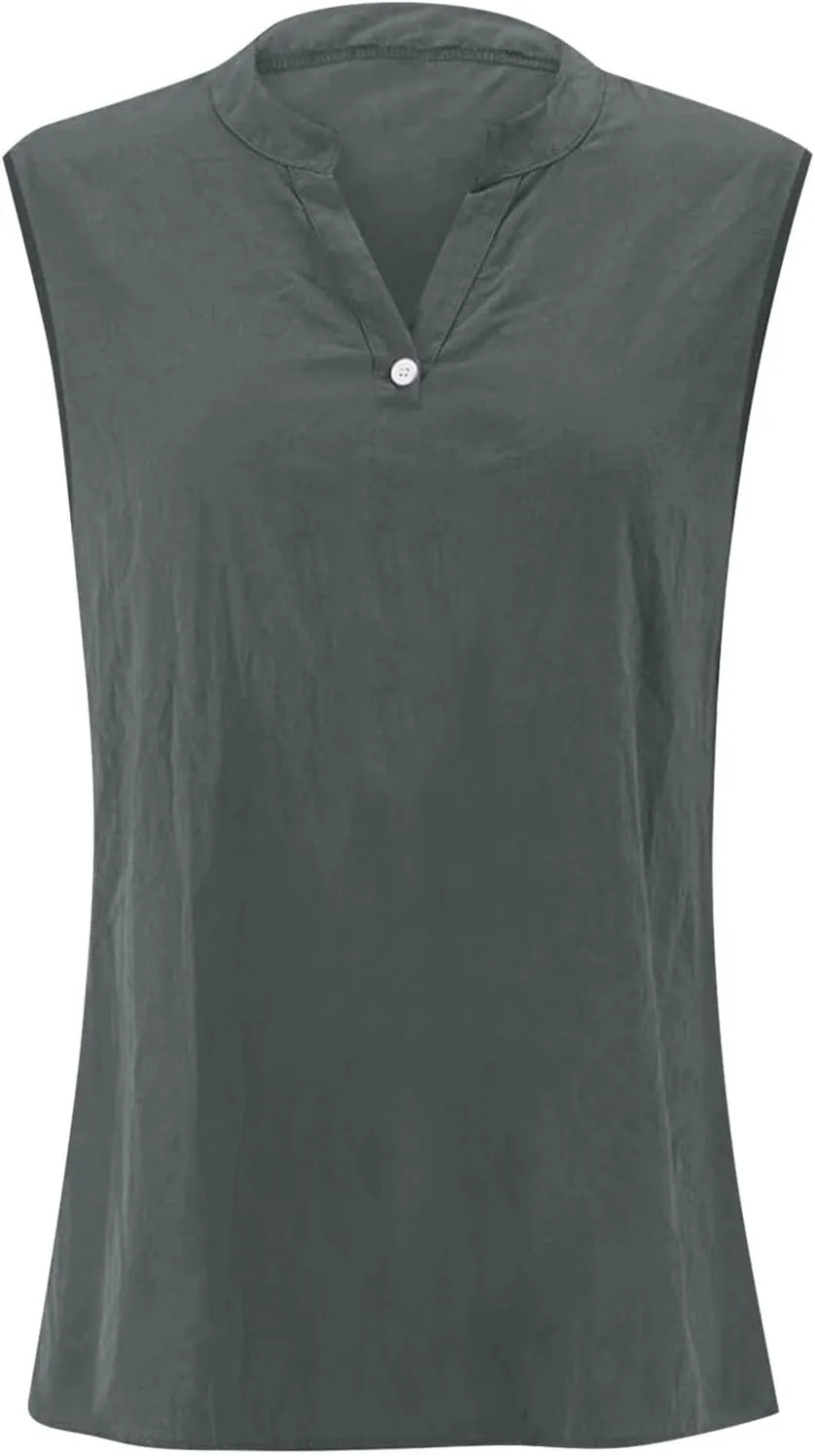 Women's Cotton Linen Tops Breathable V-Neck Tunic Tank with Buttons for ​​Summer ​​Beach/Office/Weekend Outfits​