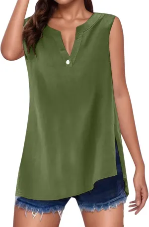 Women's Cotton Linen Tops Breathable V-Neck Tunic Tank with Buttons for ​​Summer ​​Beach/Office/Weekend Outfits​