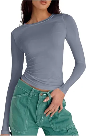 Womens Fashion Sweatshirt Fitted Basic T-shirt Long Sleeves Crewneck Trendy Casual Cropped Top Solid Color Tops Pullover
