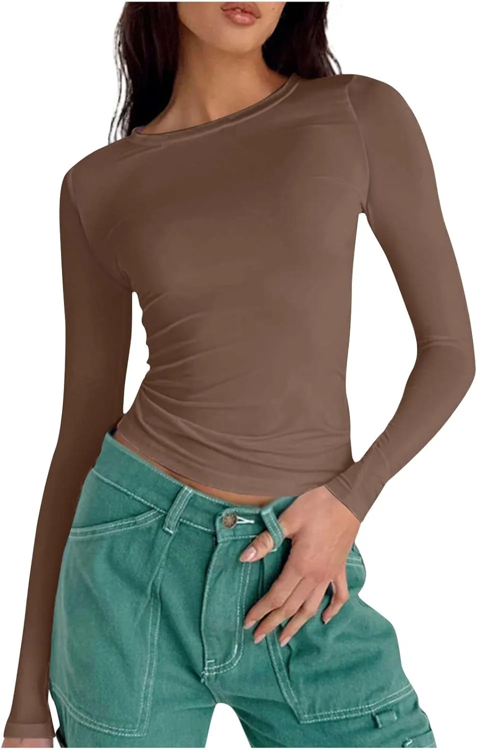 Womens Fashion Sweatshirt Fitted Basic T-shirt Long Sleeves Crewneck Trendy Casual Cropped Top Solid Color Tops Pullover