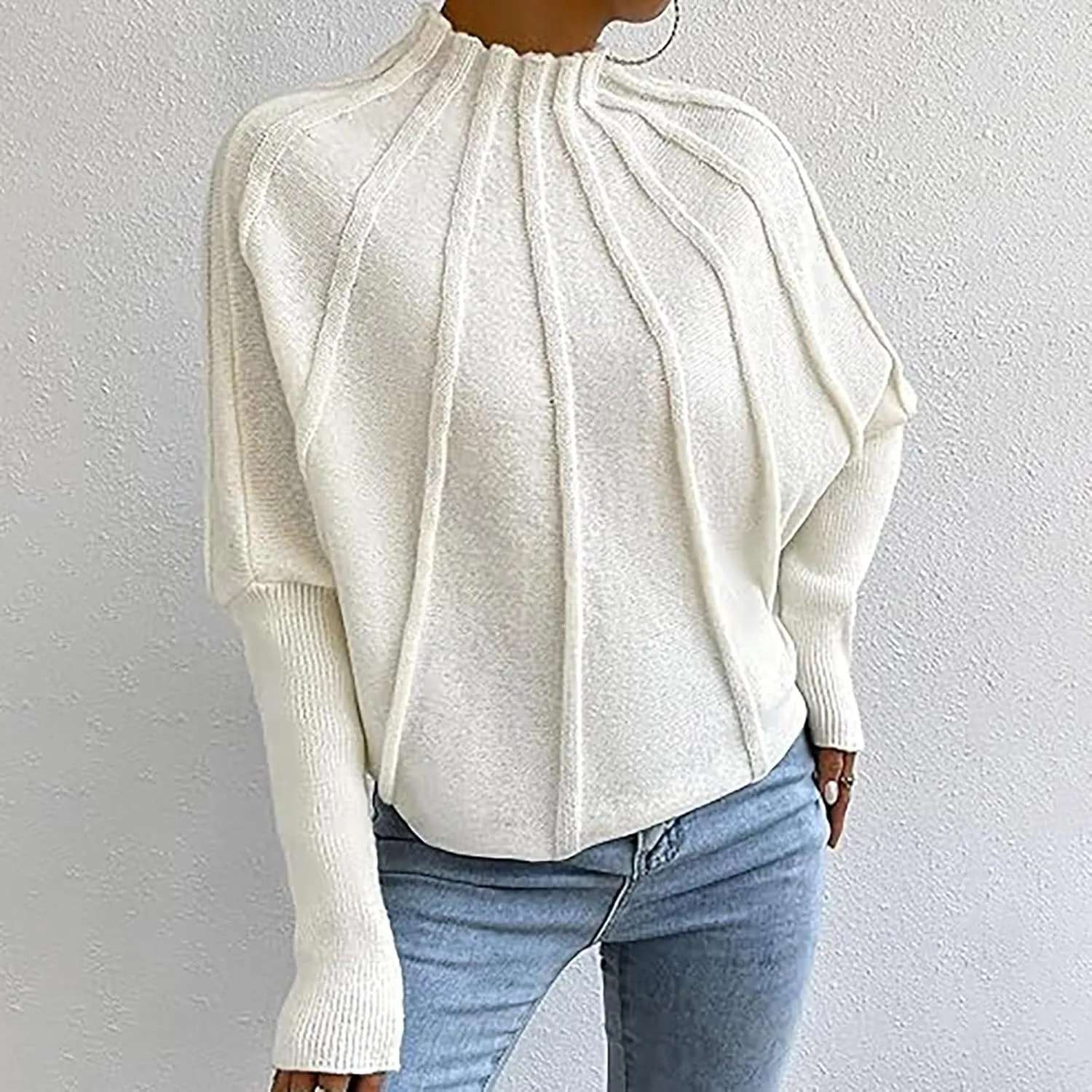 Womens Half Turtleneck Long Sleeve Fall Oversized Mock Neck A Shaped Woven Strip Long Pullover Sweaters for