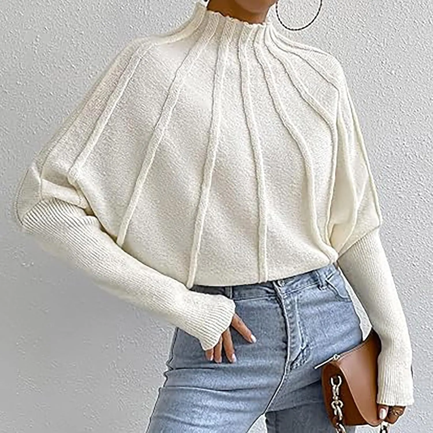 Womens Half Turtleneck Long Sleeve Fall Oversized Mock Neck A Shaped Woven Strip Long Pullover Sweaters for