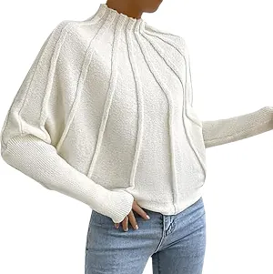 Womens Half Turtleneck Long Sleeve Fall Oversized Mock Neck A Shaped Woven Strip Long Pullover Sweaters for