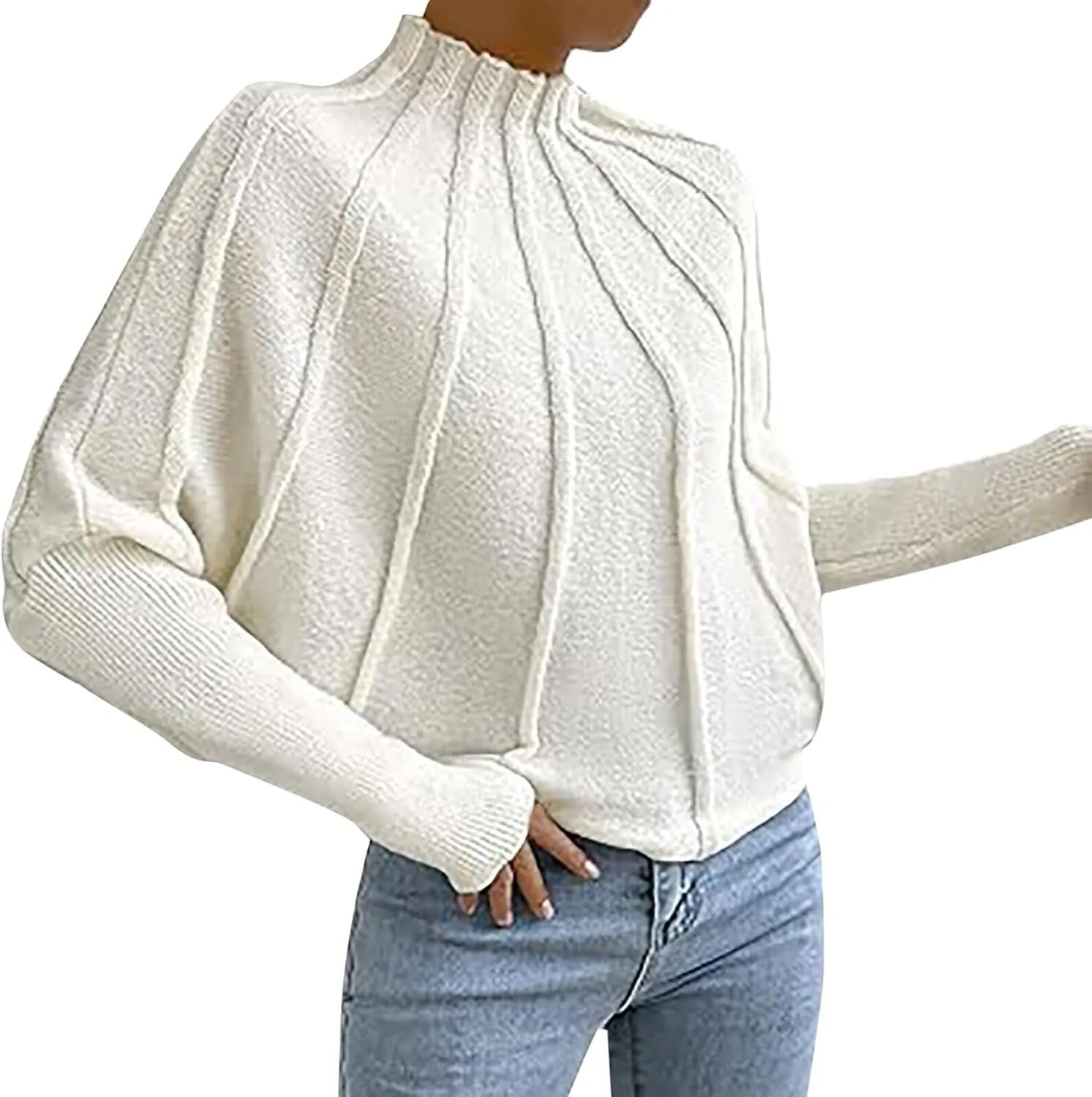 Womens Half Turtleneck Long Sleeve Fall Oversized Mock Neck A Shaped Woven Strip Long Pullover Sweaters for