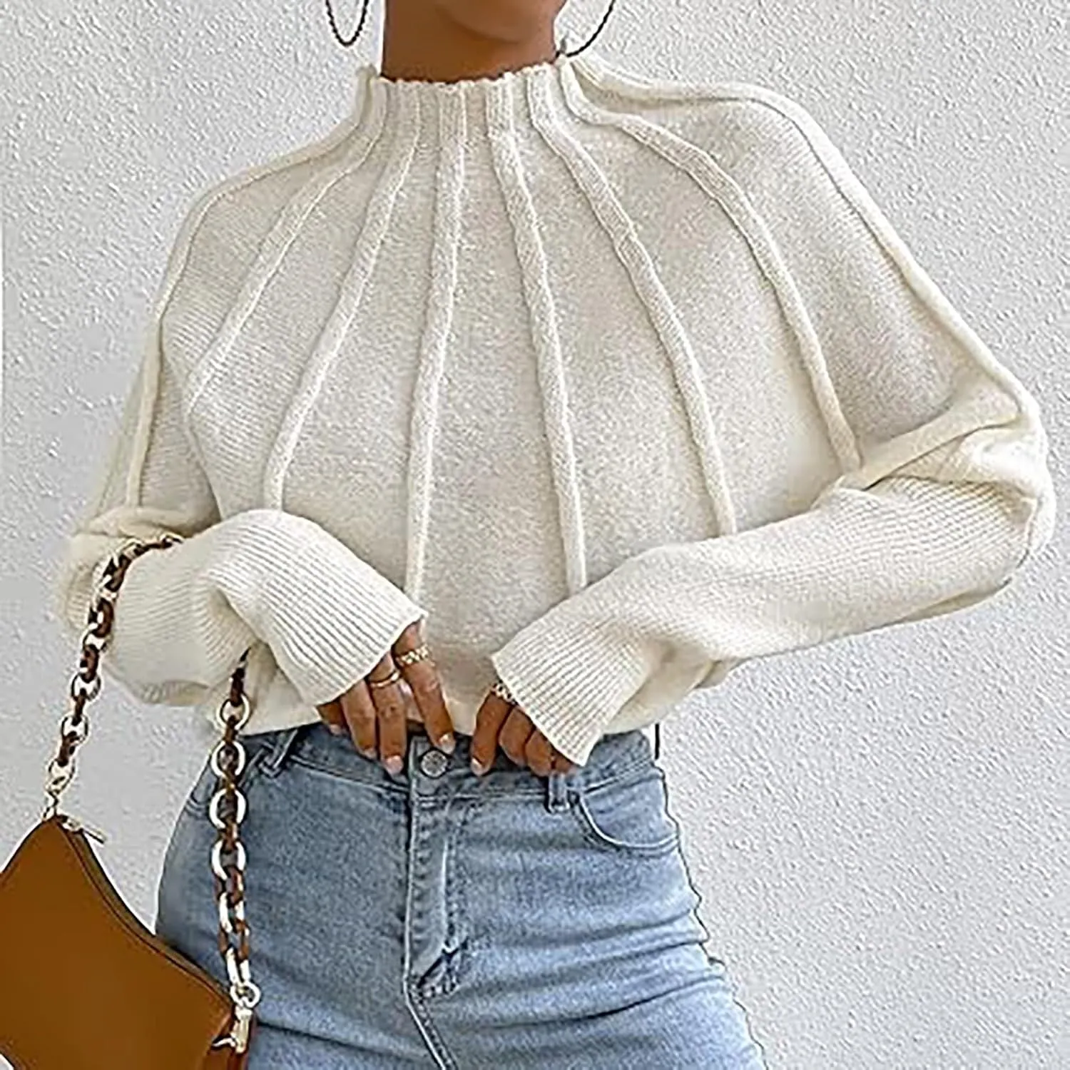 Womens Half Turtleneck Long Sleeve Fall Oversized Mock Neck A Shaped Woven Strip Long Pullover Sweaters for