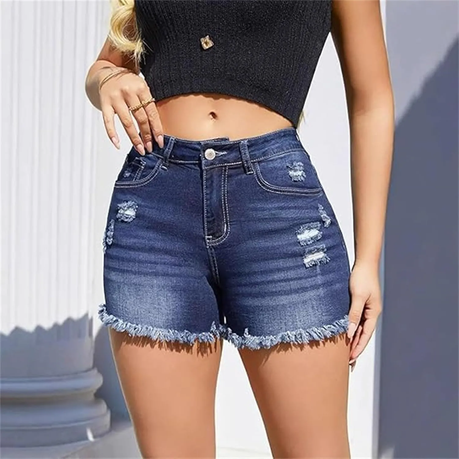 Women's High Waisted Ripped Stretchy Denim Jean Shorts Summer High Waisted Distressed Stretchy Daisy Dukese American