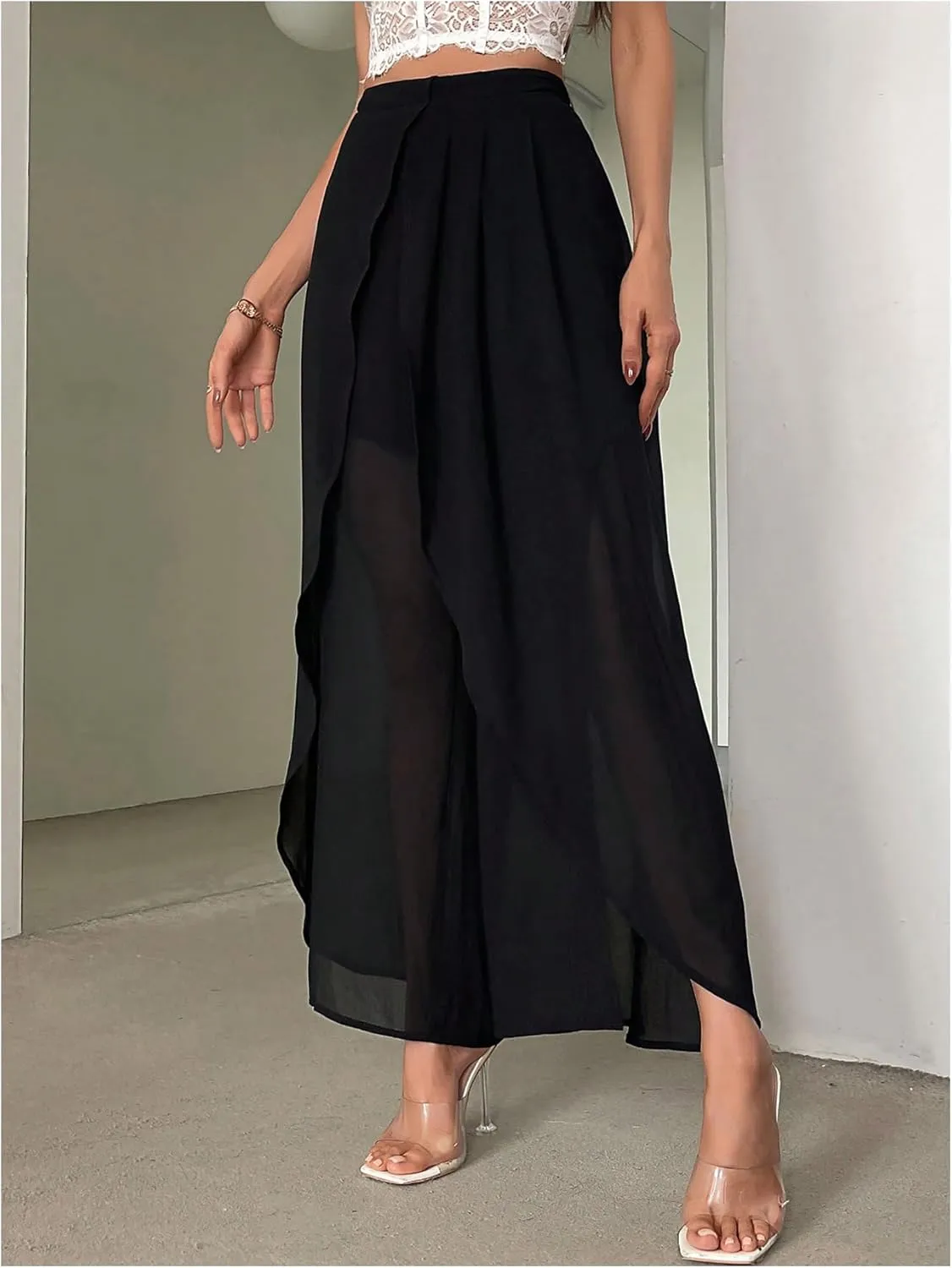 Women's High Waisted Split Pants Straight Leg Loose FIt Sheer Long Trousers