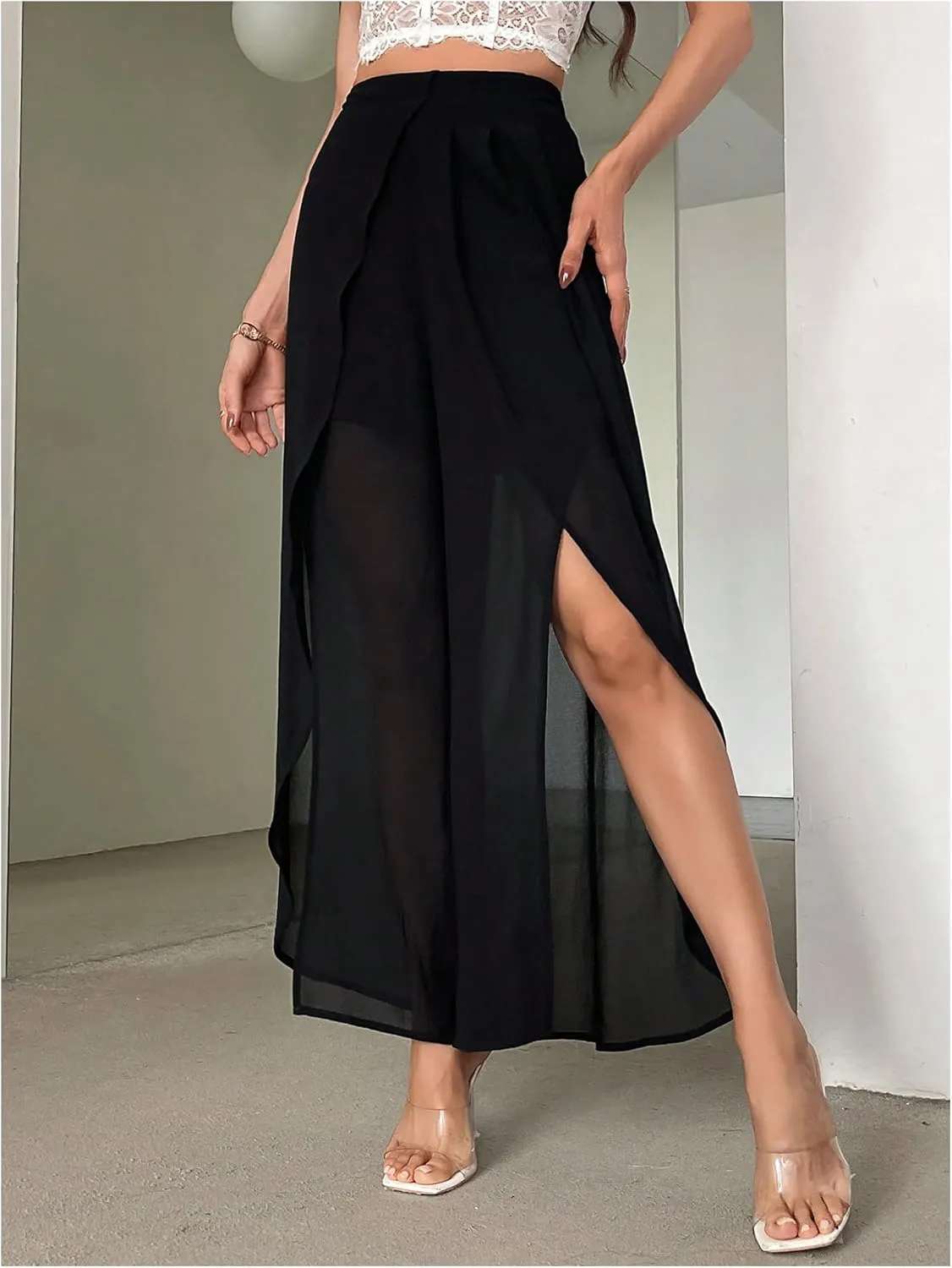 Women's High Waisted Split Pants Straight Leg Loose FIt Sheer Long Trousers