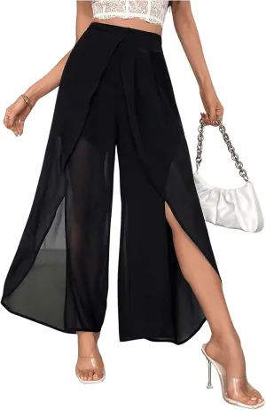 Women's High Waisted Split Pants Straight Leg Loose FIt Sheer Long Trousers