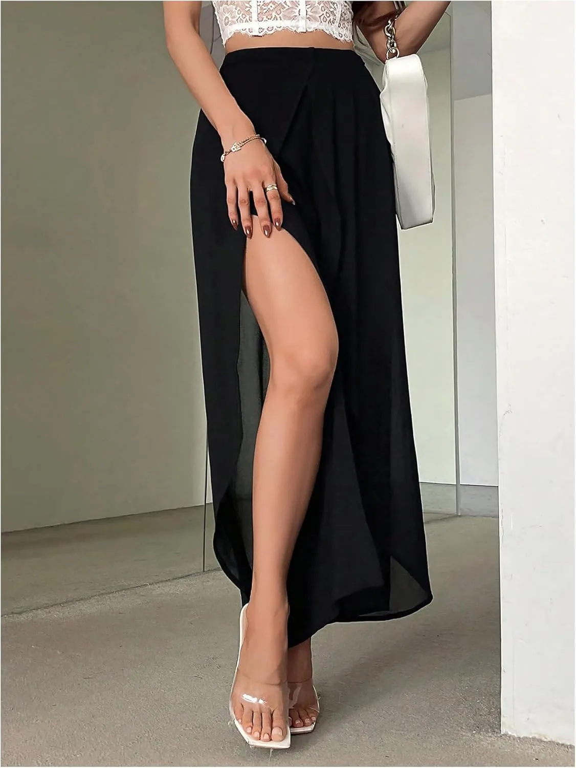 Women's High Waisted Split Pants Straight Leg Loose FIt Sheer Long Trousers