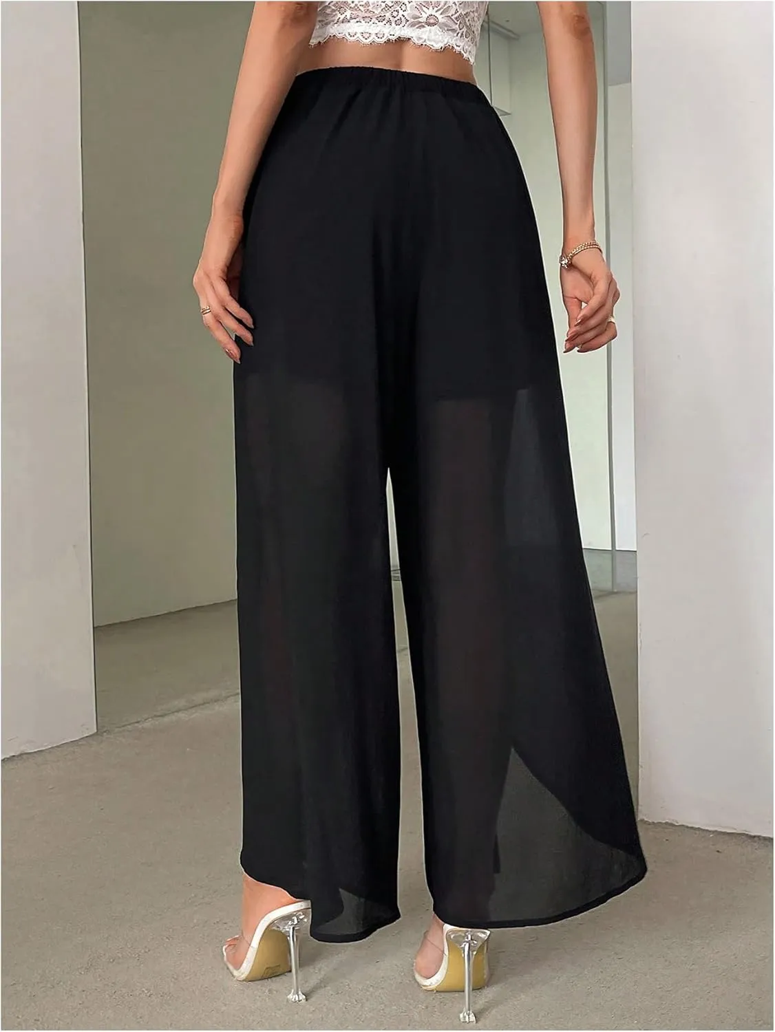 Women's High Waisted Split Pants Straight Leg Loose FIt Sheer Long Trousers