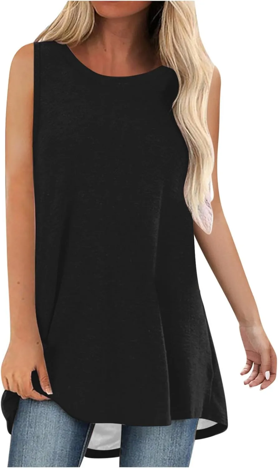 Womens Long Tank Tops Solid Color Baggy Loose Tanks Shirt Plus Size Round Neck Cami Top Summer Curved Hem 2025 Tees