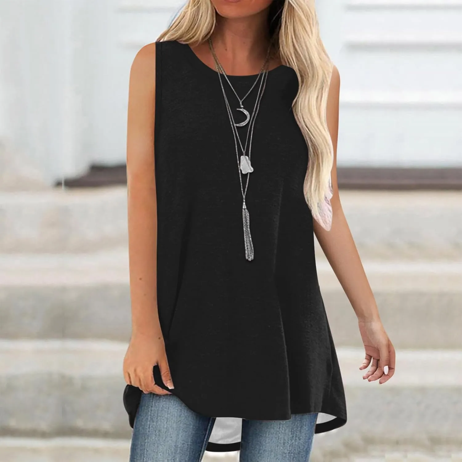 Womens Long Tank Tops Solid Color Baggy Loose Tanks Shirt Plus Size Round Neck Cami Top Summer Curved Hem 2025 Tees