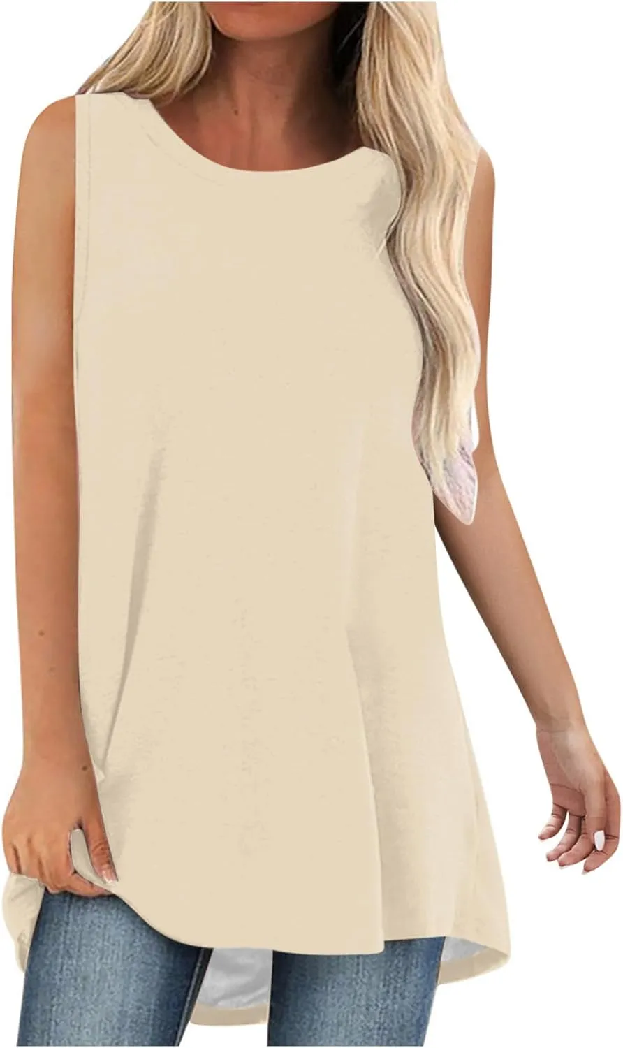 Womens Long Tank Tops Solid Color Baggy Loose Tanks Shirt Plus Size Round Neck Cami Top Summer Curved Hem 2025 Tees