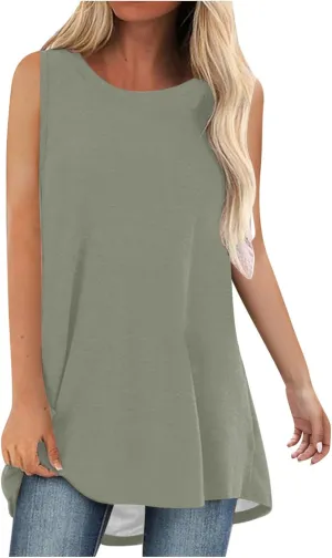 Womens Long Tank Tops Solid Color Baggy Loose Tanks Shirt Plus Size Round Neck Cami Top Summer Curved Hem 2025 Tees