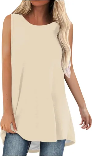Womens Long Tank Tops Solid Color Baggy Loose Tanks Shirt Plus Size Round Neck Cami Top Summer Curved Hem 2025 Tees