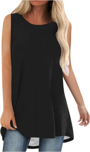 Womens Long Tank Tops Solid Color Baggy Loose Tanks Shirt Plus Size Round Neck Cami Top Summer Curved Hem 2025 Tees