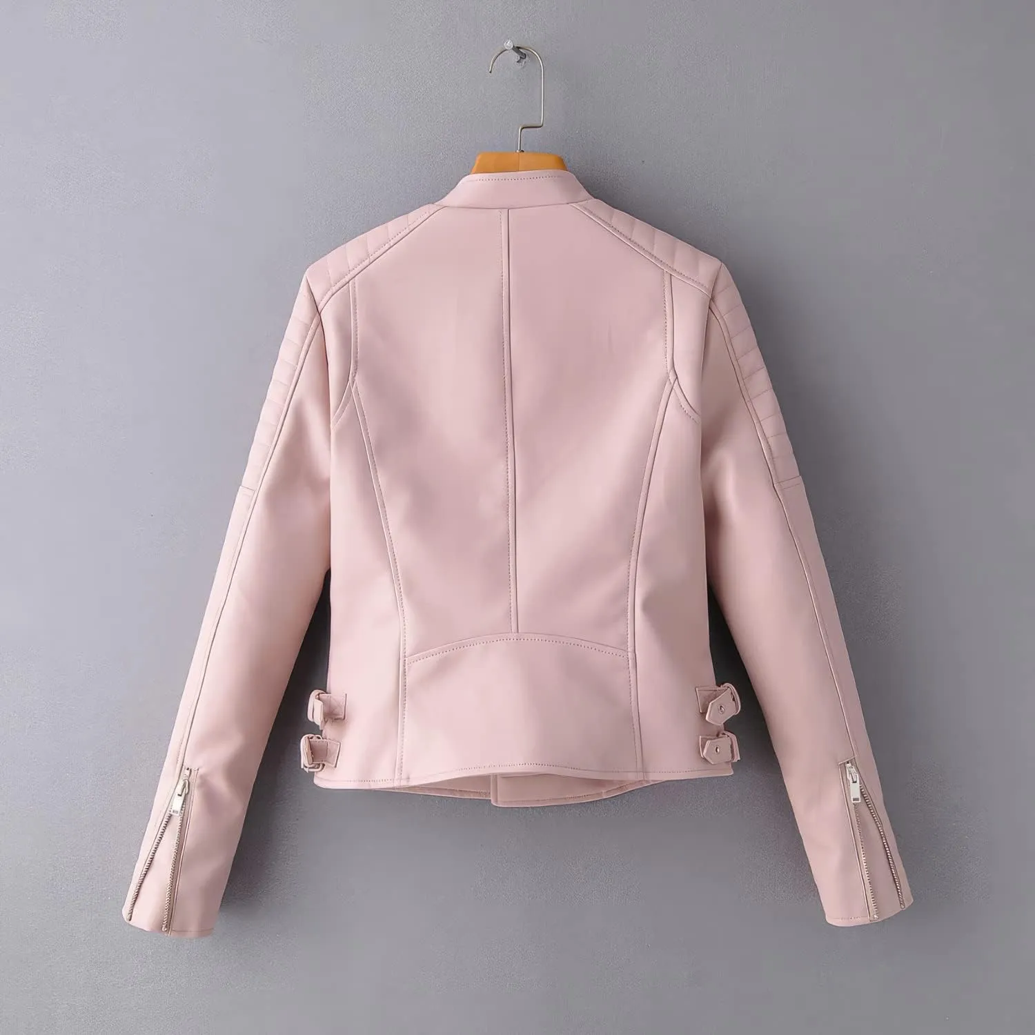Women's Pink Sheepskin Quilted Shoulder Leather Moto Jacket, Slim Fit Crossover Asymmetric Style