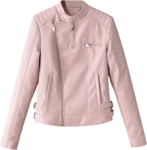 Women's Pink Sheepskin Quilted Shoulder Leather Moto Jacket, Slim Fit Crossover Asymmetric Style