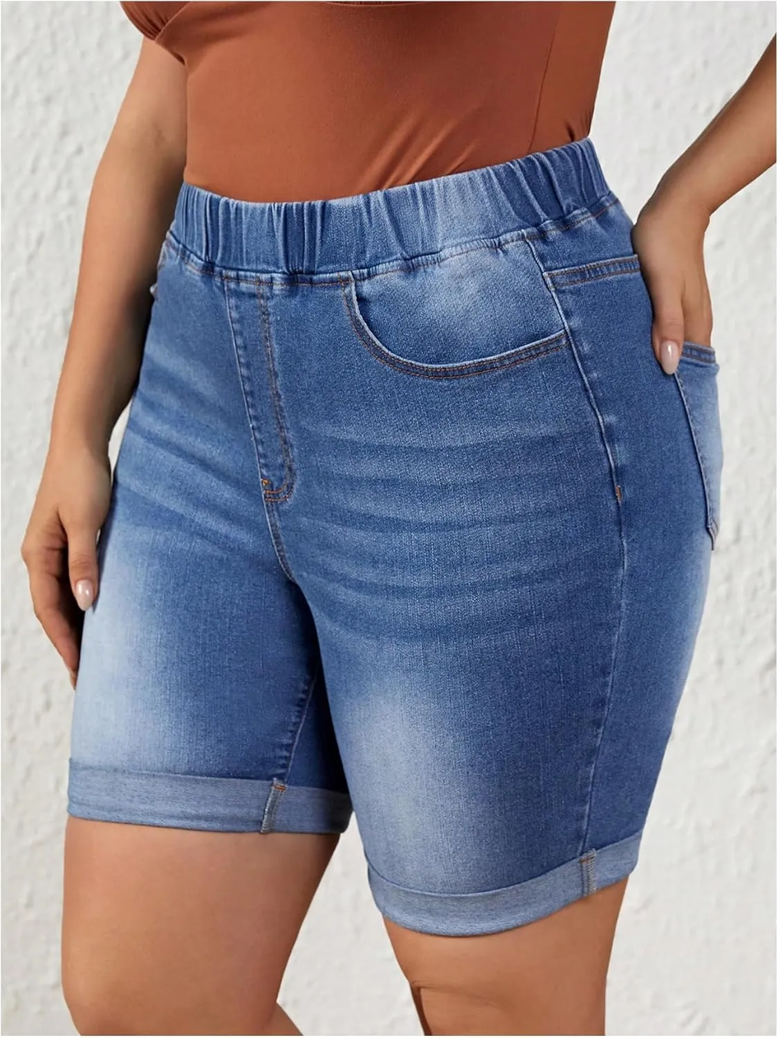 Women's Plus Size Denim Shorts Roll Up Hem Elastic High Waisted Jean Shorts Y2k Skinny Jean Shorts