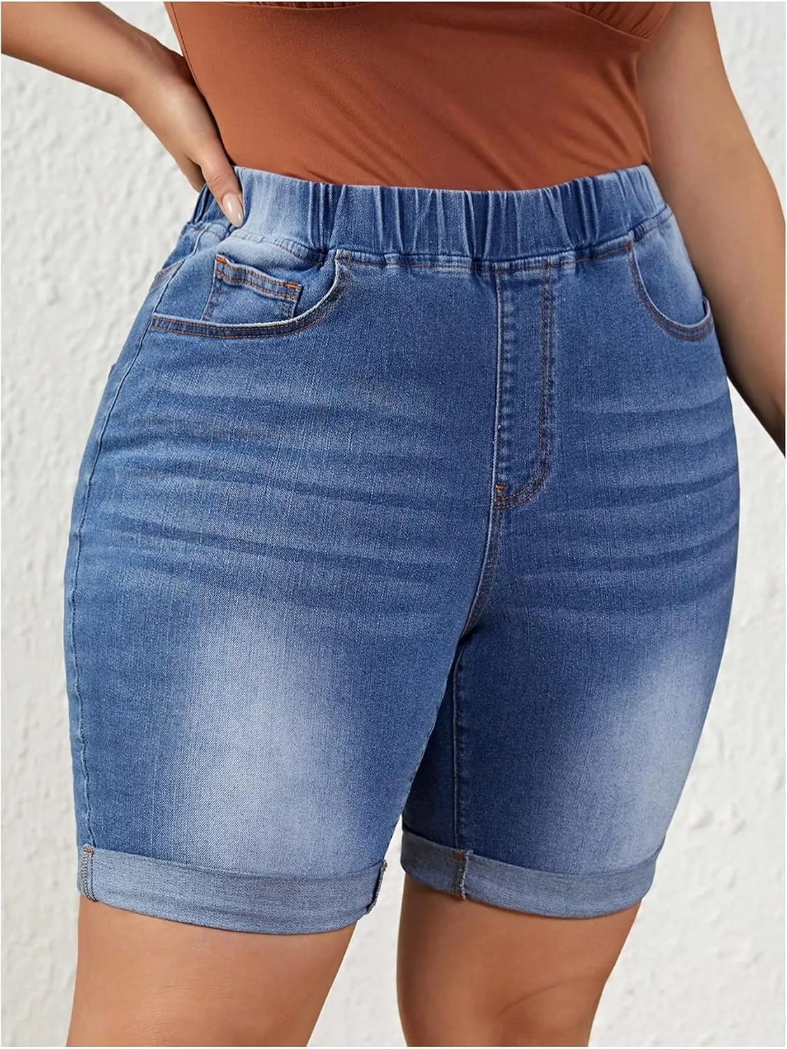 Women's Plus Size Denim Shorts Roll Up Hem Elastic High Waisted Jean Shorts Y2k Skinny Jean Shorts