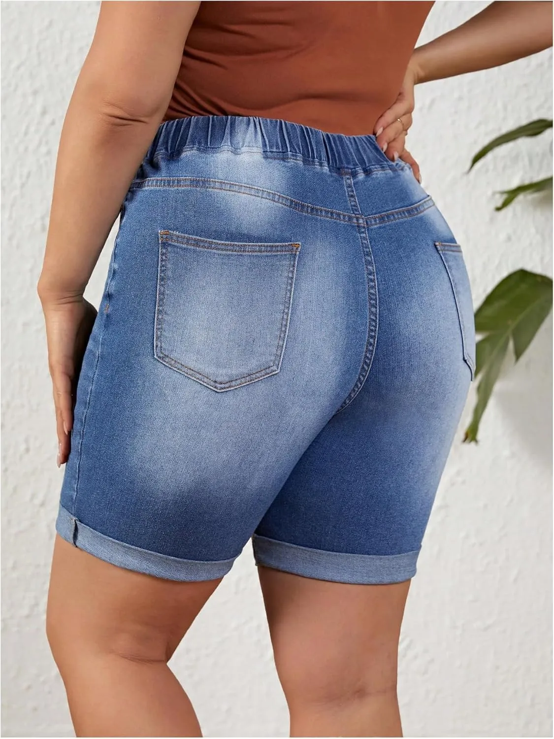 Women's Plus Size Denim Shorts Roll Up Hem Elastic High Waisted Jean Shorts Y2k Skinny Jean Shorts