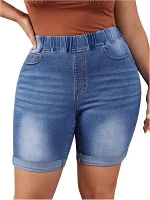 Women's Plus Size Denim Shorts Roll Up Hem Elastic High Waisted Jean Shorts Y2k Skinny Jean Shorts