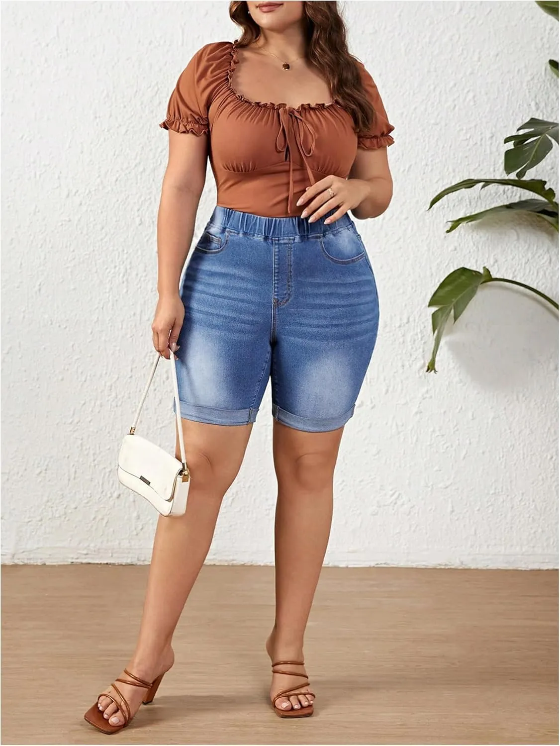 Women's Plus Size Denim Shorts Roll Up Hem Elastic High Waisted Jean Shorts Y2k Skinny Jean Shorts