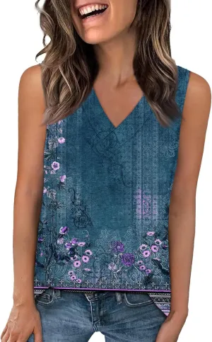 Women's Sleeveless V-Neck Floral Print Summer Top Casual Loose Fit Blouse for Everyday Wear Red Size Options