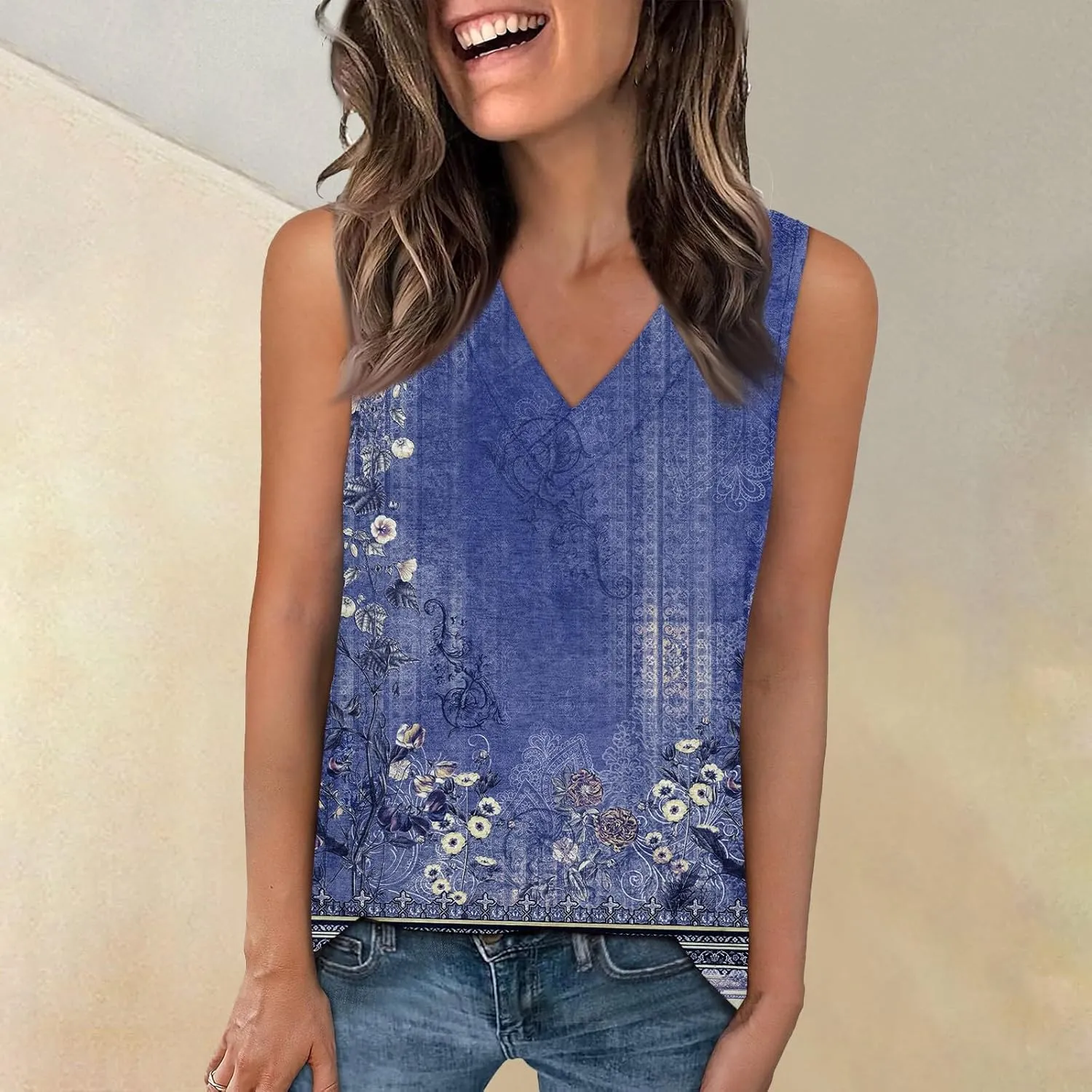 Women's Sleeveless V-Neck Floral Print Summer Top Casual Loose Fit Blouse for Everyday Wear Red Size Options