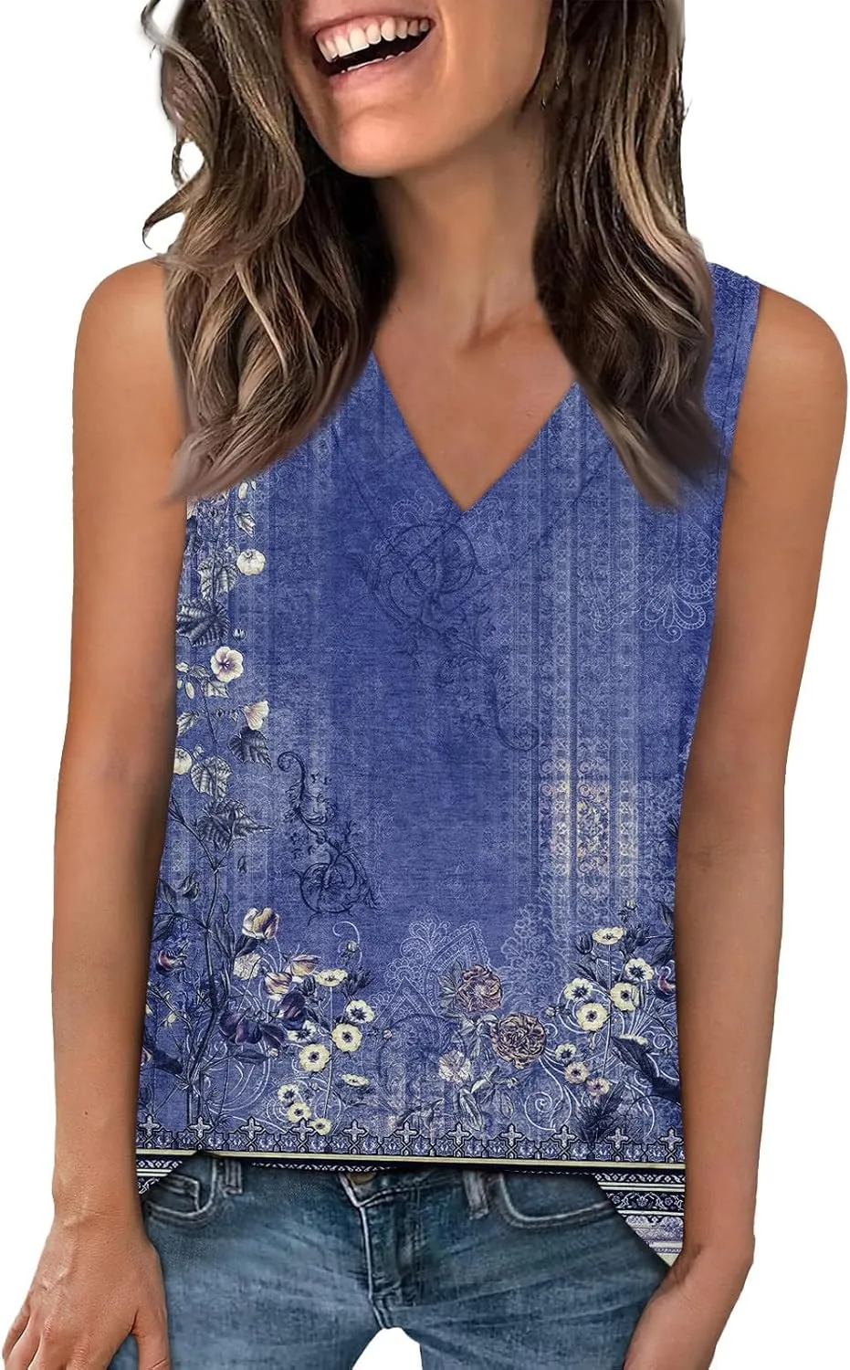 Women's Sleeveless V-Neck Floral Print Summer Top Casual Loose Fit Blouse for Everyday Wear Red Size Options