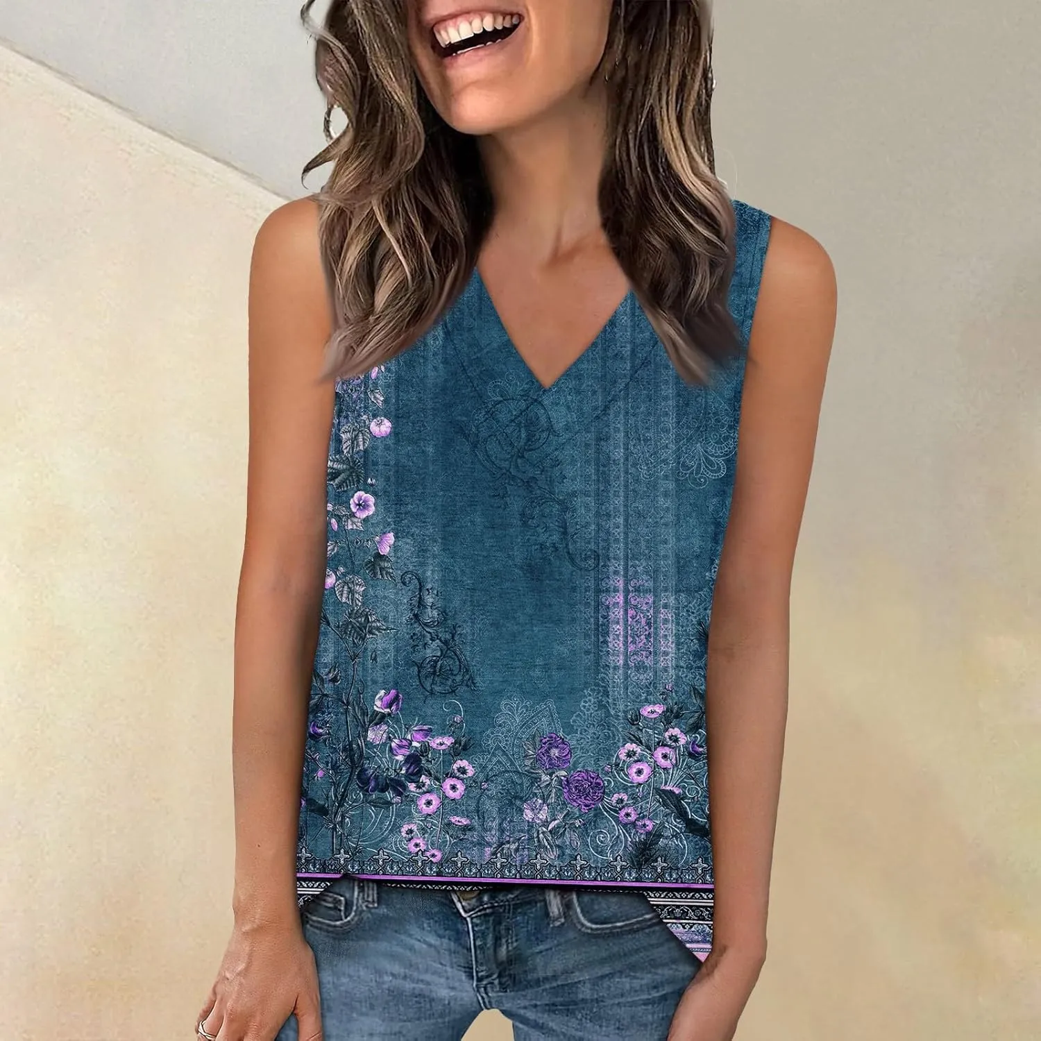 Women's Sleeveless V-Neck Floral Print Summer Top Casual Loose Fit Blouse for Everyday Wear Red Size Options
