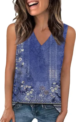 Women's Sleeveless V-Neck Floral Print Summer Top Casual Loose Fit Blouse for Everyday Wear Red Size Options