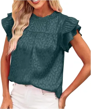 Womens Summer Crewneck Tops Leopard Print Double Ruffle Sleeve Trendy Loose Fit Shirts Casual Everyday Tee Blouses
