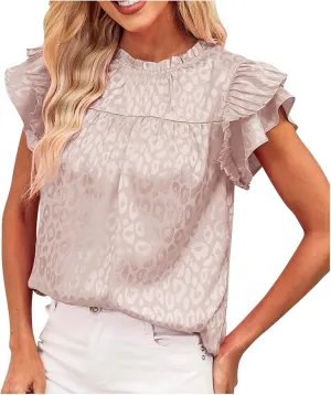 Womens Summer Crewneck Tops Leopard Print Double Ruffle Sleeve Trendy Loose Fit Shirts Casual Everyday Tee Blouses
