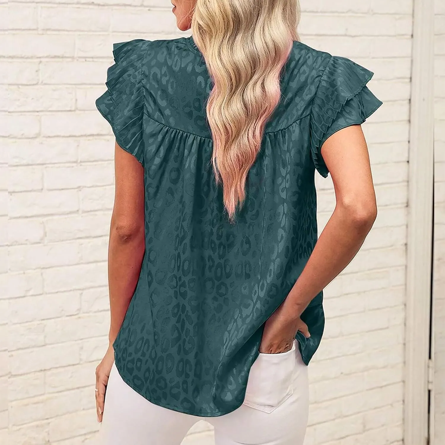 Womens Summer Crewneck Tops Leopard Print Double Ruffle Sleeve Trendy Loose Fit Shirts Casual Everyday Tee Blouses