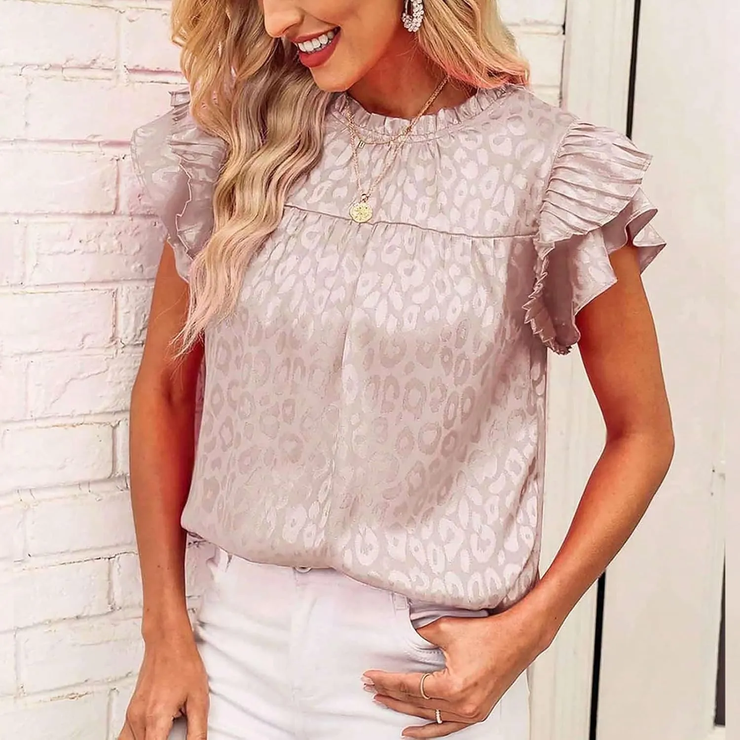 Womens Summer Crewneck Tops Leopard Print Double Ruffle Sleeve Trendy Loose Fit Shirts Casual Everyday Tee Blouses