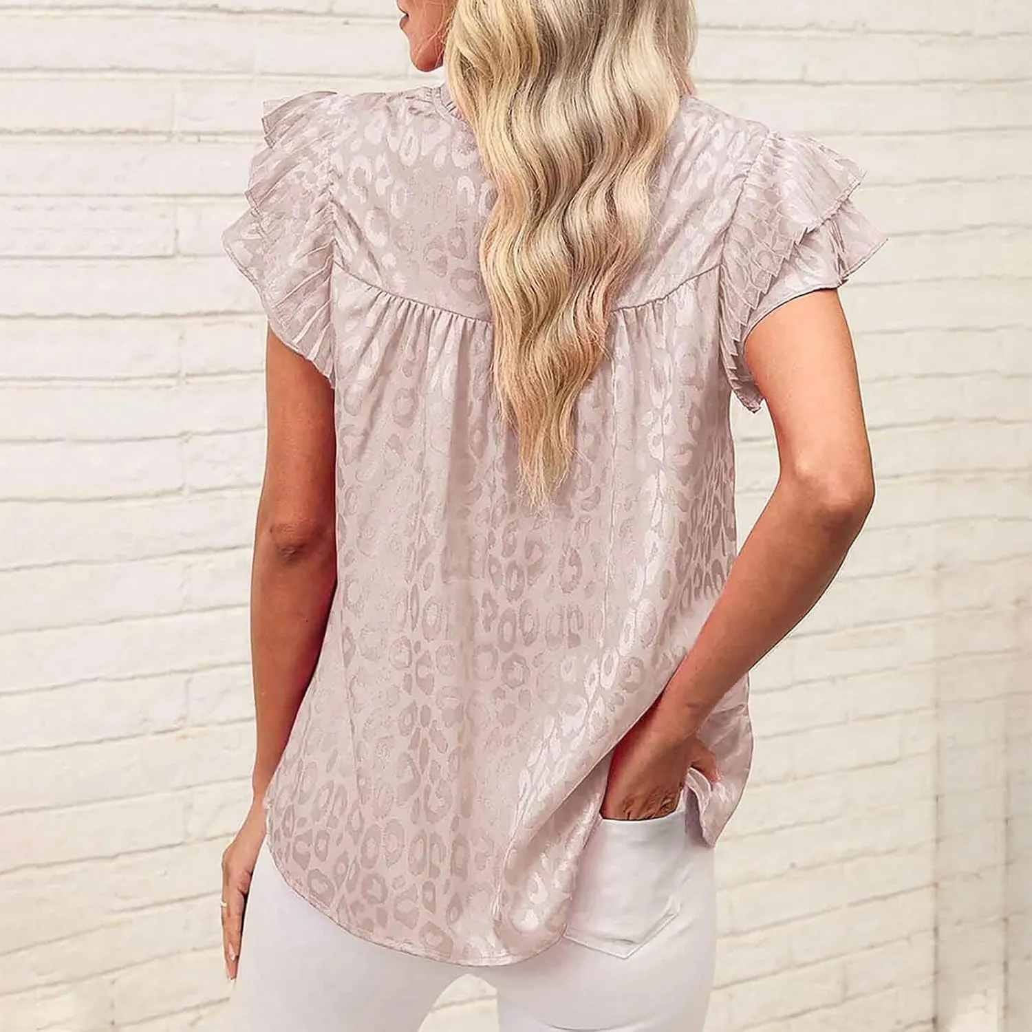 Womens Summer Crewneck Tops Leopard Print Double Ruffle Sleeve Trendy Loose Fit Shirts Casual Everyday Tee Blouses