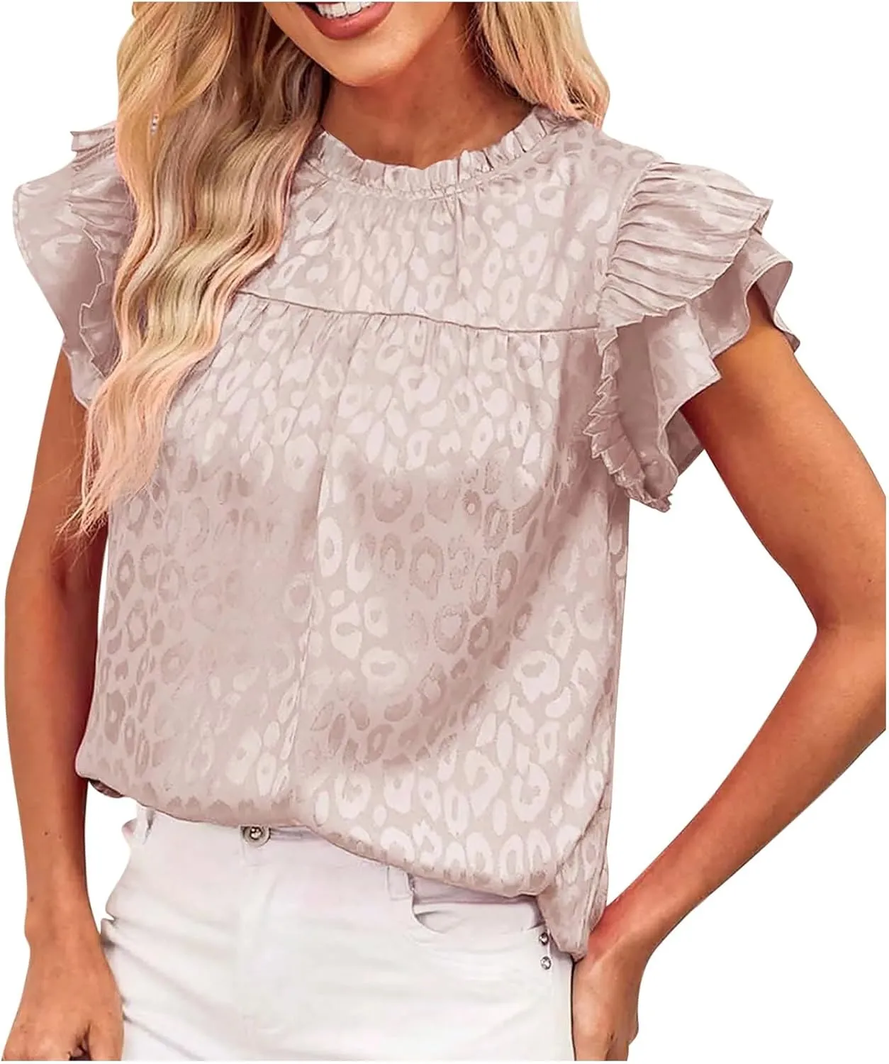 Womens Summer Crewneck Tops Leopard Print Double Ruffle Sleeve Trendy Loose Fit Shirts Casual Everyday Tee Blouses