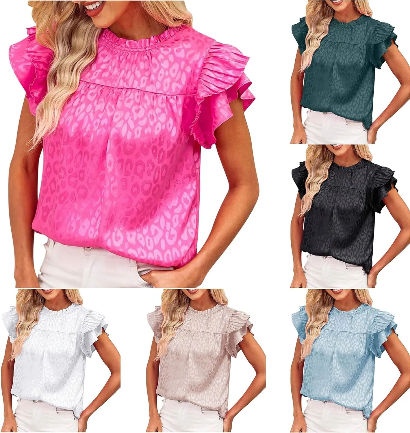 Womens Summer Crewneck Tops Leopard Print Double Ruffle Sleeve Trendy Loose Fit Shirts Casual Everyday Tee Blouses