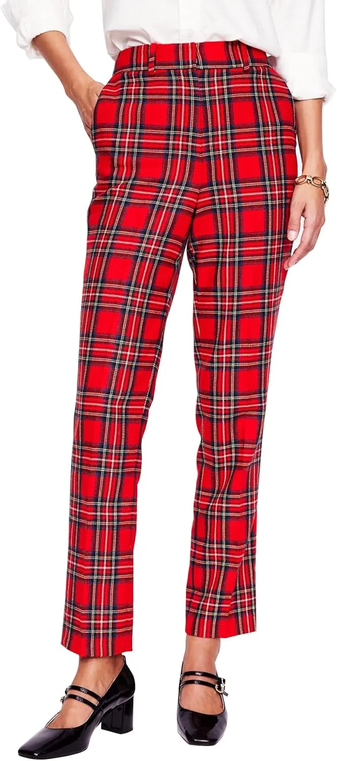 Women's Tartan Plaid Print Pants Mid Rise Straight Leg Casual Long Trousers Christmas Pants
