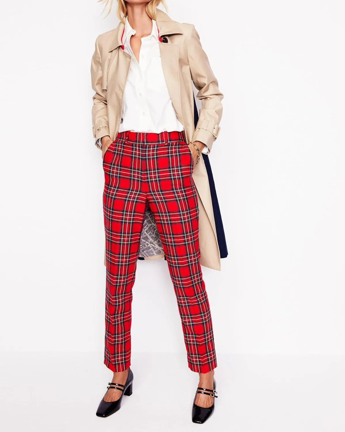 Women's Tartan Plaid Print Pants Mid Rise Straight Leg Casual Long Trousers Christmas Pants