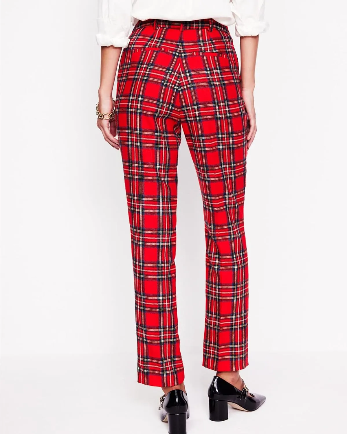 Women's Tartan Plaid Print Pants Mid Rise Straight Leg Casual Long Trousers Christmas Pants