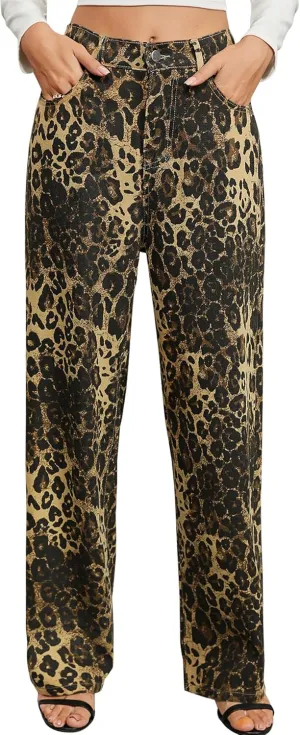 Womens Y2K Baggy Leopard Print Jeans–Elastic High Waisted Wide Leg Stretch Denim Pants, Straight Leg Jeans