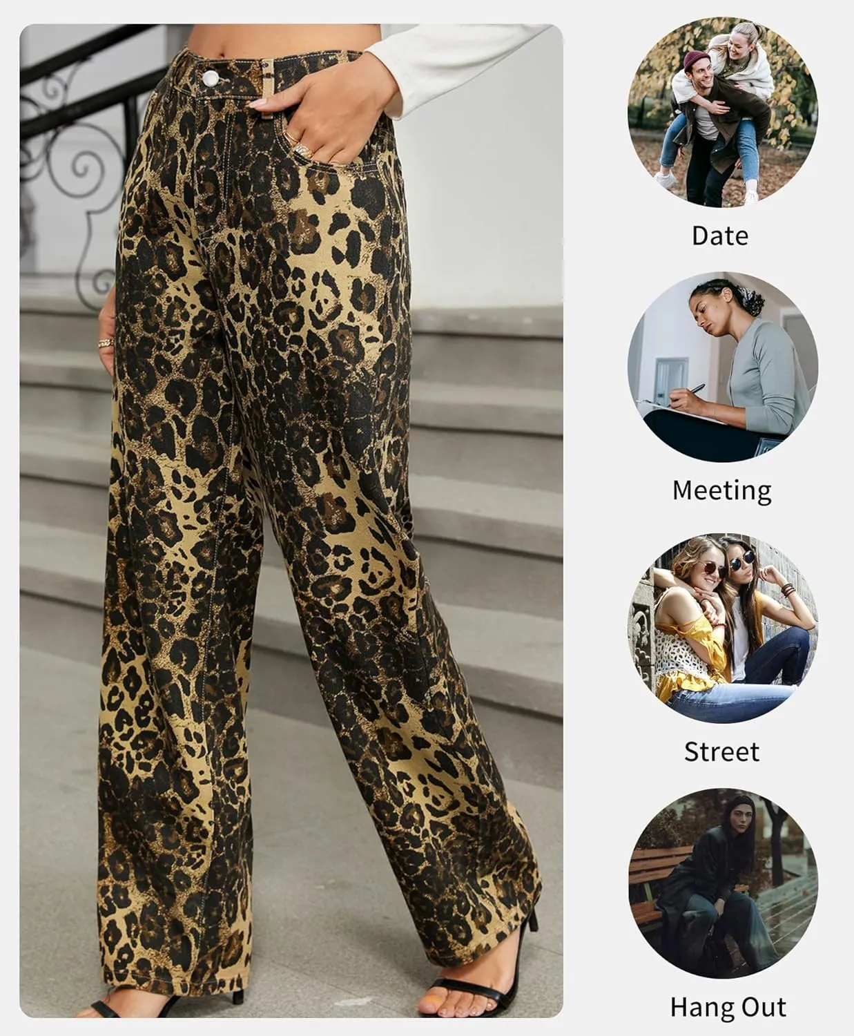 Womens Y2K Baggy Leopard Print Jeans–Elastic High Waisted Wide Leg Stretch Denim Pants, Straight Leg Jeans