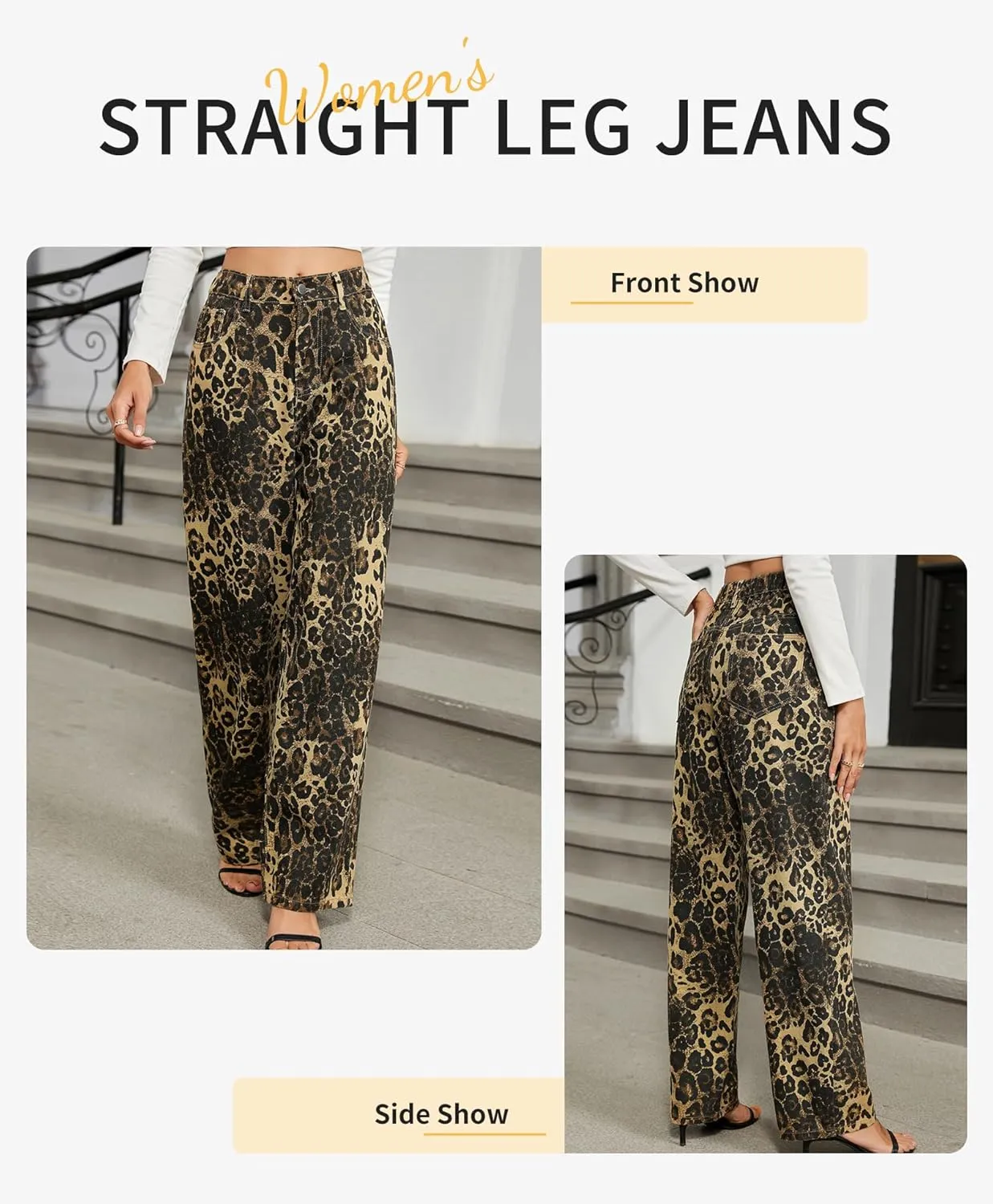 Womens Y2K Baggy Leopard Print Jeans–Elastic High Waisted Wide Leg Stretch Denim Pants, Straight Leg Jeans
