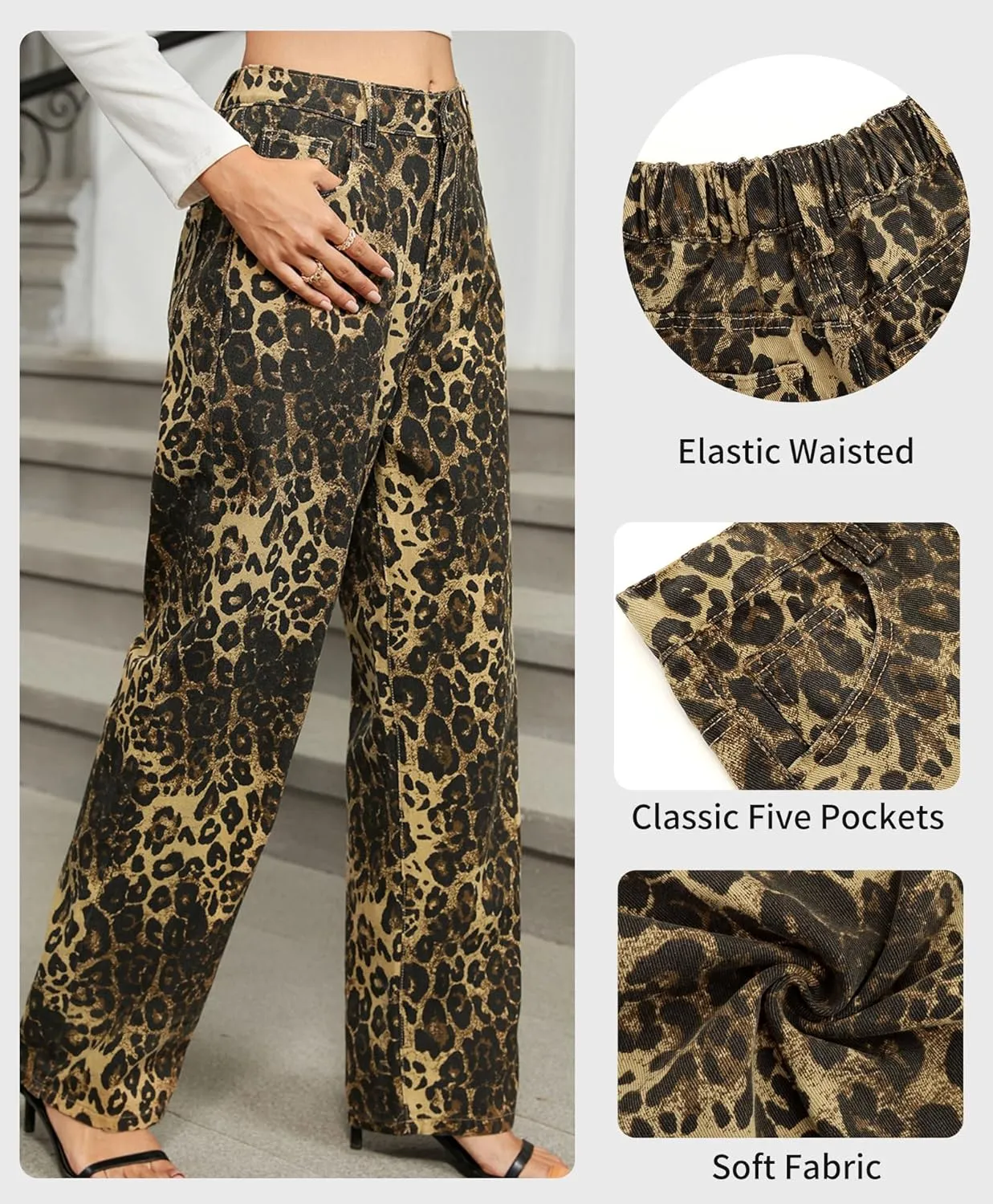 Womens Y2K Baggy Leopard Print Jeans–Elastic High Waisted Wide Leg Stretch Denim Pants, Straight Leg Jeans