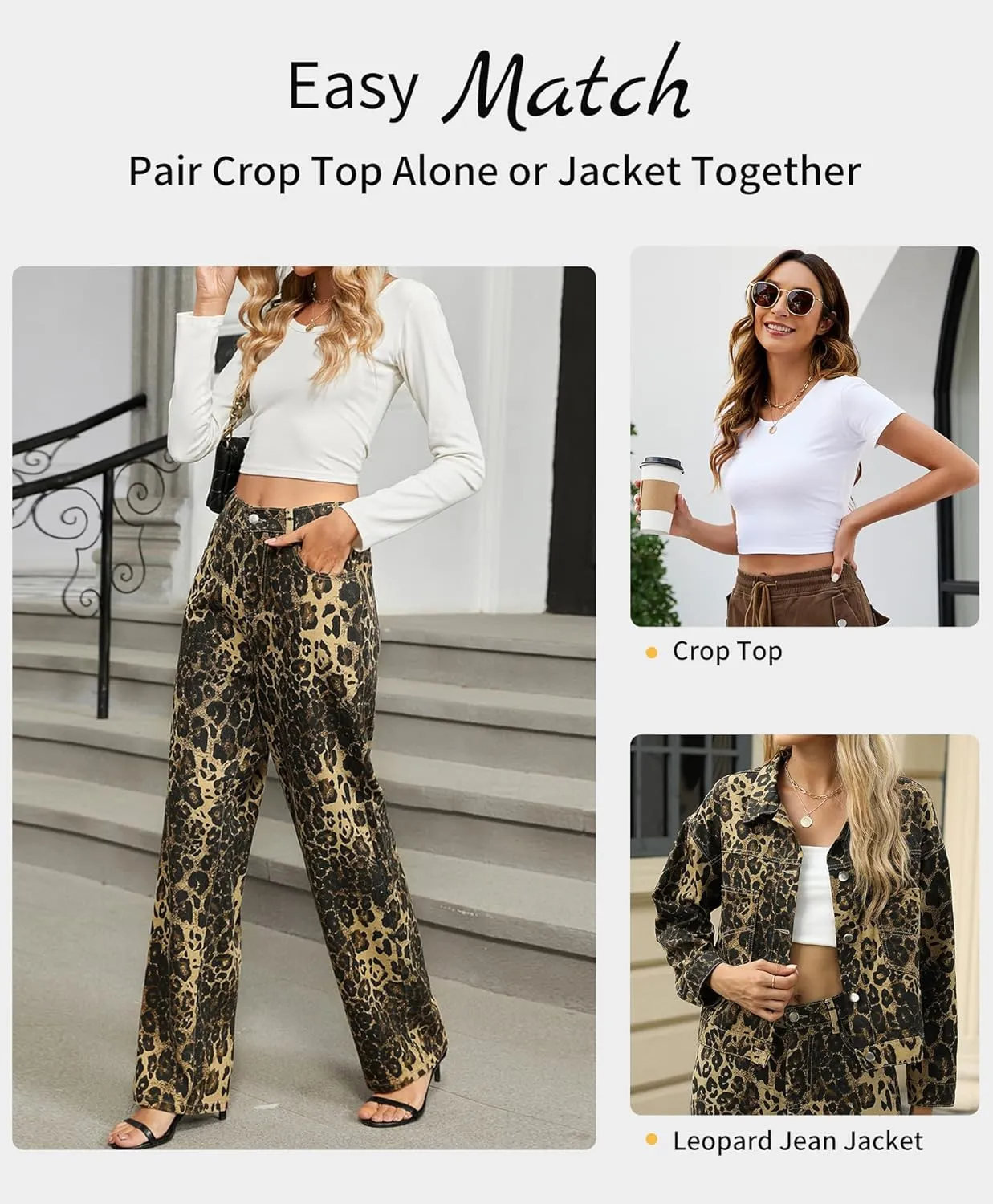 Womens Y2K Baggy Leopard Print Jeans–Elastic High Waisted Wide Leg Stretch Denim Pants, Straight Leg Jeans