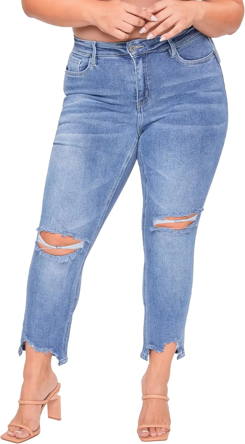 YMI Women's Junior Plus Size Slim Straight Ankle Jean with Hem Destruction