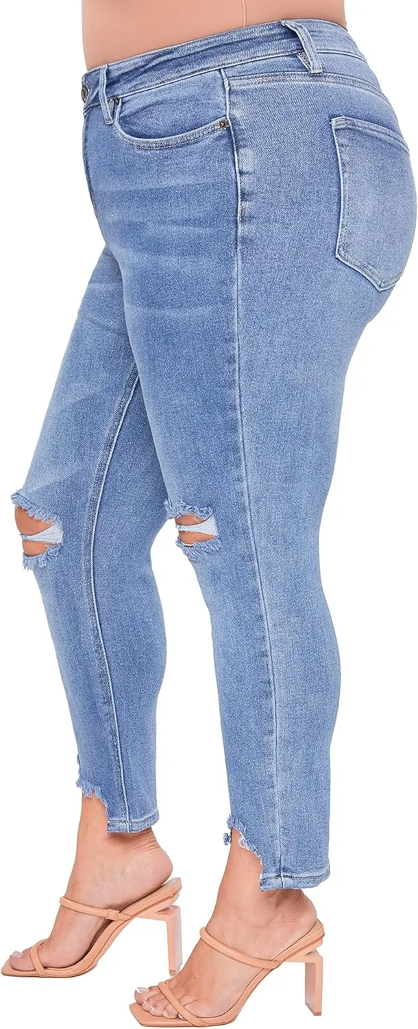 YMI Women's Junior Plus Size Slim Straight Ankle Jean with Hem Destruction